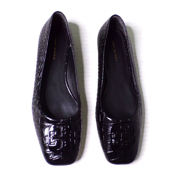 🆕TORY BURCH Croc Embossed Logo Ballet Flats Shoes Black 9 - Picture 5 of 10